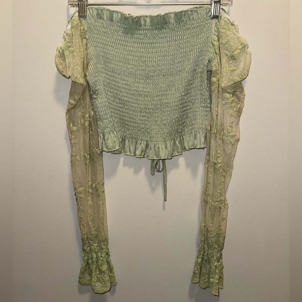 SHEIN Sage Green Smocked Blouse with Embroidered Lace Sleeves